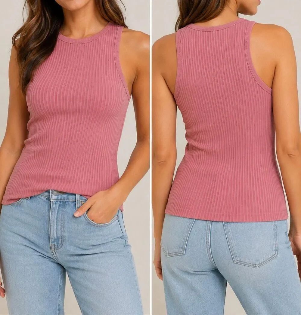 Anthropologie Ribbed Tank Top Pink Sleeveless Stretch Knit Size S/M